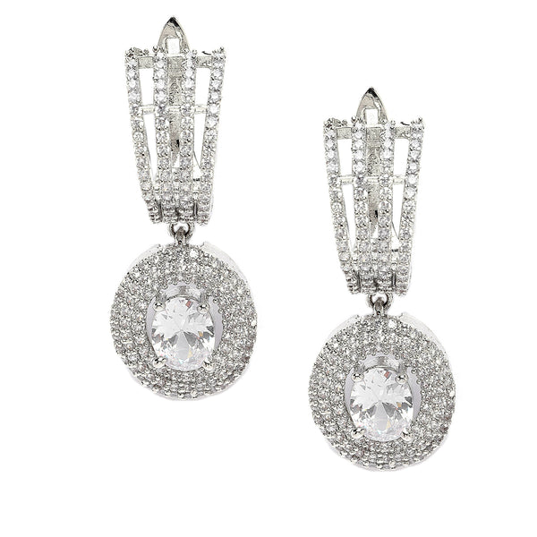Rhodium-Plated White American Diamond studded Handcrafted Oval Shaped Drop Earrings