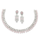 Rhodium-Plated Pink Round Shape American Diamonds Studded Necklace & Earrings Jewellery Set