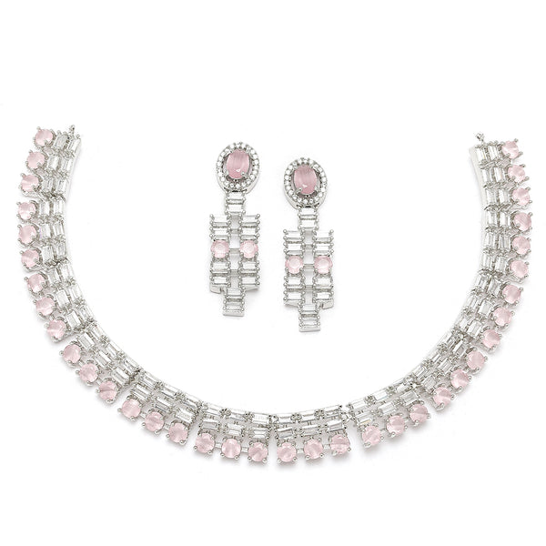 Rhodium-Plated Pink Round Shape American Diamonds Studded Necklace & Earrings Jewellery Set