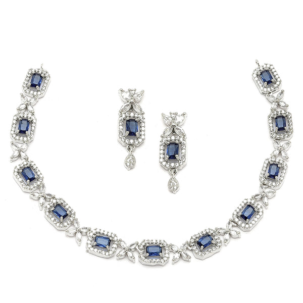 Rhodium-Plated Navy Blue American Diamonds Studded Cubical Necklace & Earrings Jewellery Set
