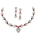 Rhodium-Plated Red American Diamond Studded Heart Design Necklace & Earrings Jewellery Set