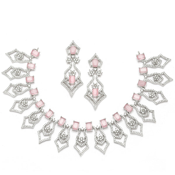Rhodium-Plated Pink American Diamond Studded Tempted Necklace & Earrings Jewellery Set