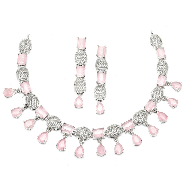 Rhodium-Plated Pink American Diamond Studded Intriguing Necklace & Earrings Jewellery Set
