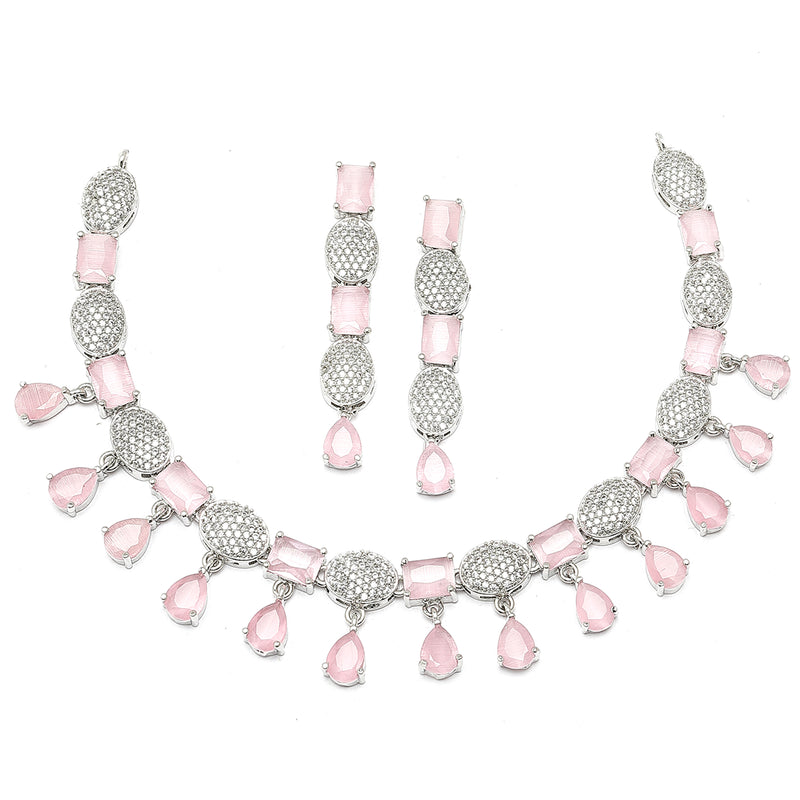 Rhodium-Plated Pink American Diamond Studded Intriguing Necklace & Earrings Jewellery Set
