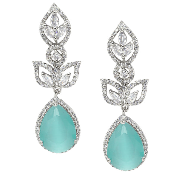 Rhodium-Plated Sky Blue American Diamond studded Teardrop & Leaf Shaped Drop Earrings