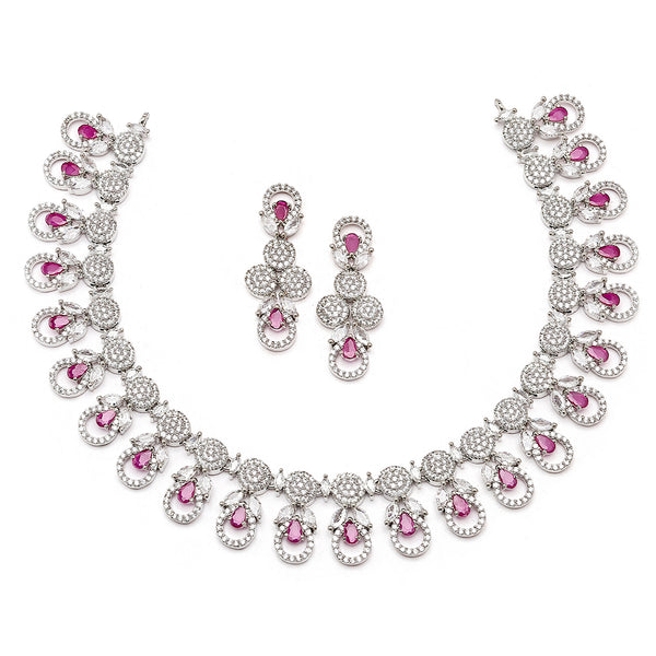 Rhodium-Plated Red American Diamonds Studded Voguish Necklace & Earrings Jewellery Set