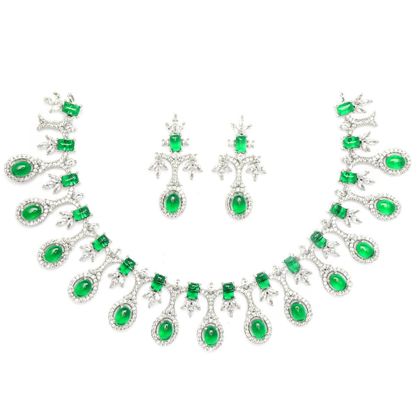 Rhodium-Plated Green American Diamond Studded Designer Necklace & Earrings Jewellery Set