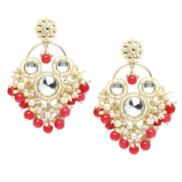 Gold-Plated Kundan & Red Pearls studded Floral Shaped Tasselled Drop Earrings