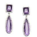 Rhodium-Plated Purple & White American Diamond studded Teardrop Shaped Drop Earrings