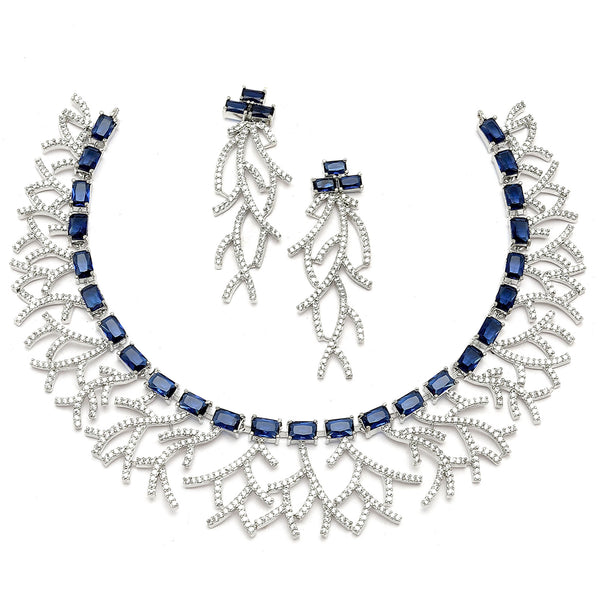 Rhodium-Plated Navy Blue American Diamond Studded Eccentric Design Necklace & Earrings Jewellery Set