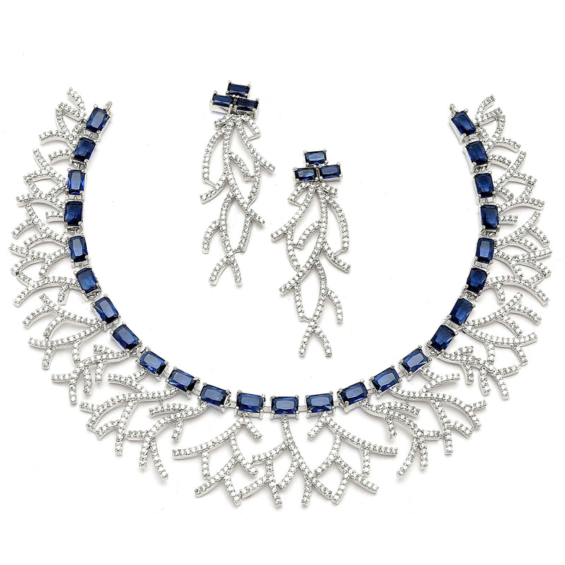 Rhodium-Plated Navy Blue American Diamond Studded Eccentric Design Necklace & Earrings Jewellery Set