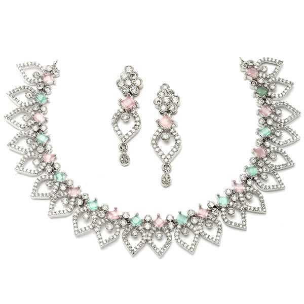Rhodium-Plated Sea Green & Pink American Diamond Studded Floral & Leaf Shaped Necklace with Earrings Jewellery Set
