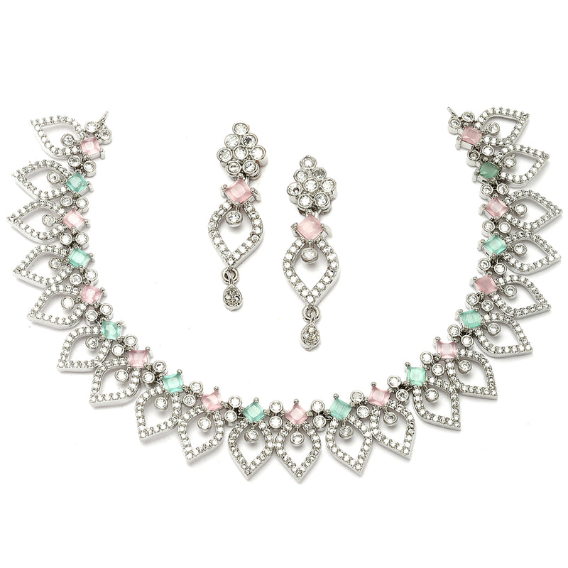 Rhodium-Plated Sea Green & Pink American Diamond Studded Floral & Leaf Shaped Necklace with Earrings Jewellery Set