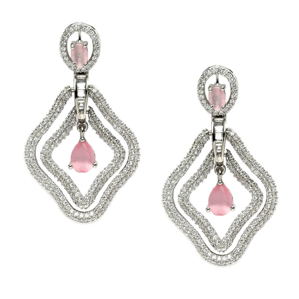 Rhodium-Plated Pink & White American Diamond studded Layered Drop Earrings