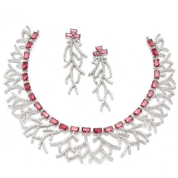 Rhodium-Plated Red American Diamond Studded Eccentric Design Necklace & Earrings Jewellery Set