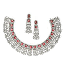 Rhodium-Plated Red & White American Diamonds Studded Choker Necklace & Earrings Jewellery Set
