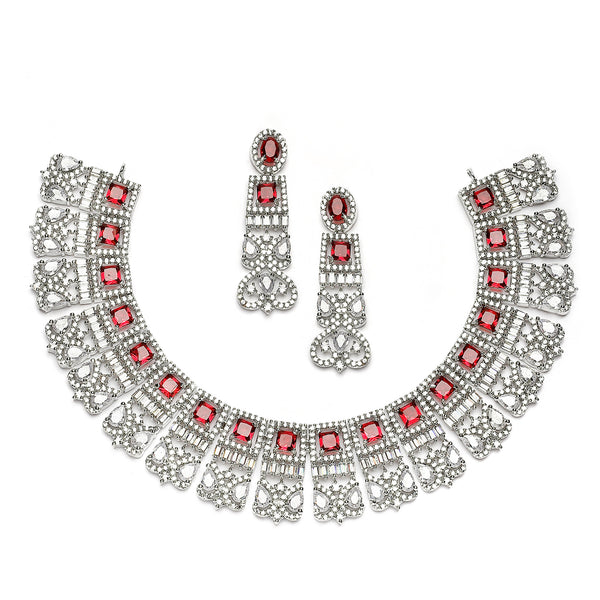 Rhodium-Plated Red & White American Diamonds Studded Choker Necklace & Earrings Jewellery Set