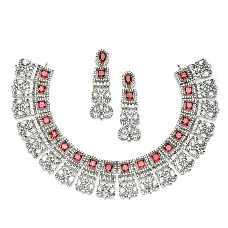 Rhodium-Plated Red & White American Diamonds Studded Choker Necklace & Earrings Jewellery Set