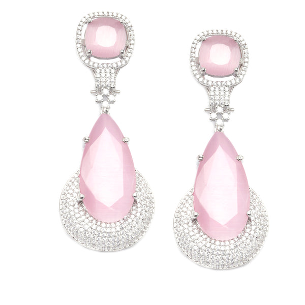 Rhodium-Plated Pink & White American Diamond studded Teardrop Drop Earrings