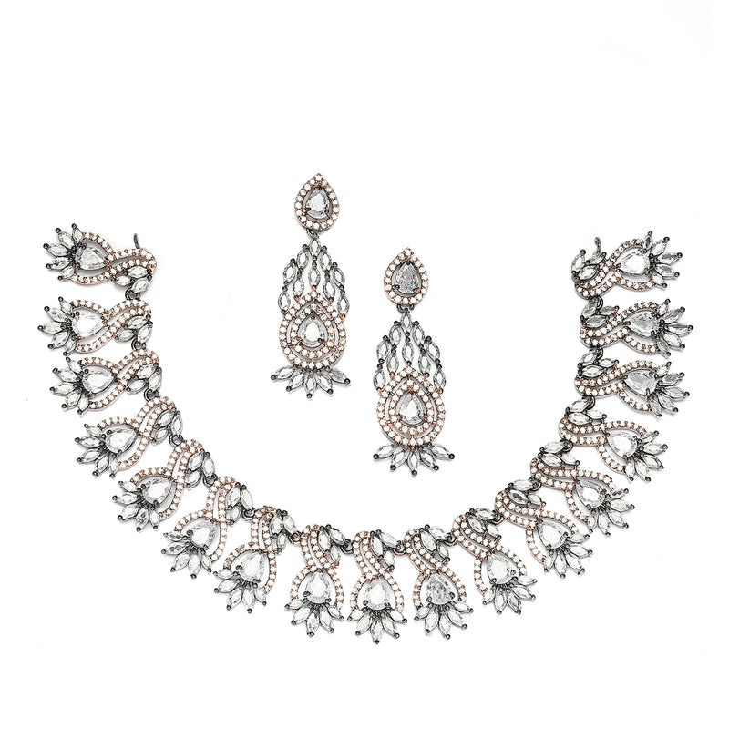 Rose Gold-Plated Gunmetal Toned White American Diamond Studded Traditional Touch Necklace & Earrings Jewellery Set