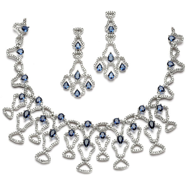 Rhodium-Plated Navy Blue American Diamond Studded Quirky Design Necklace with Earrings Jewellery Set