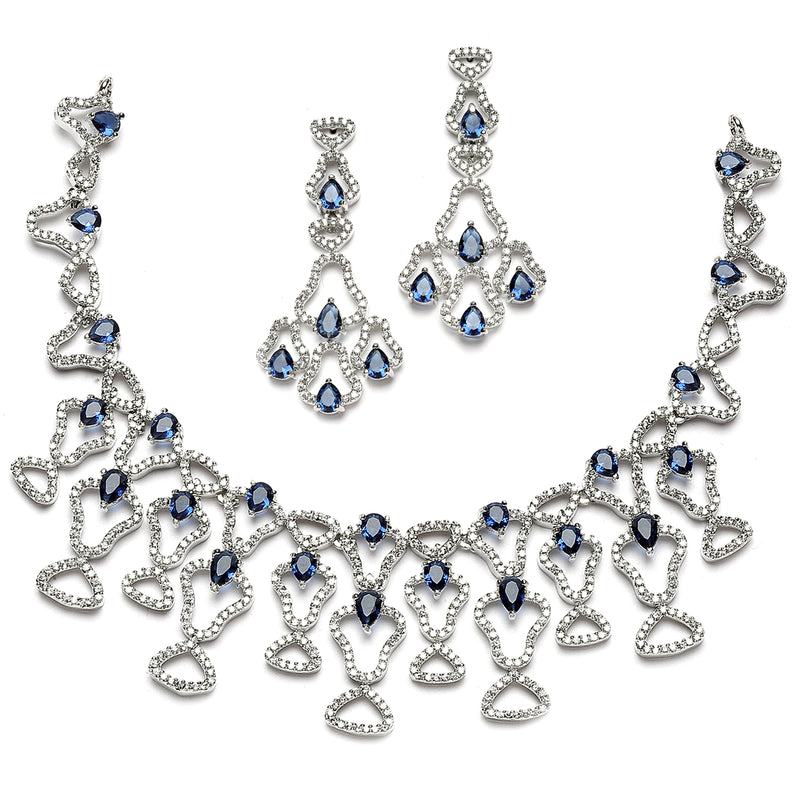 Rhodium-Plated Navy Blue American Diamond Studded Quirky Design Necklace with Earrings Jewellery Set