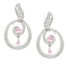 Rhodium-Plated Pink & White American Diamond studded Oval Shaped Drop Earrings