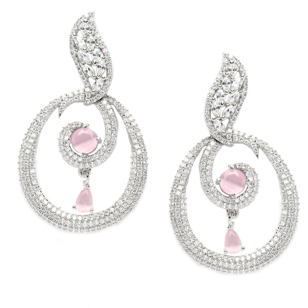 Rhodium-Plated Pink & White American Diamond studded Oval Shaped Drop Earrings