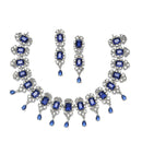Rhodium-Plated Navy Blue American Diamonds Studded Teardrop & Cubical Necklace & Earrings Jewellery Set
