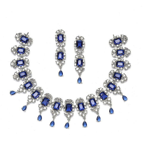 Rhodium-Plated Navy Blue American Diamonds Studded Teardrop & Cubical Necklace & Earrings Jewellery Set
