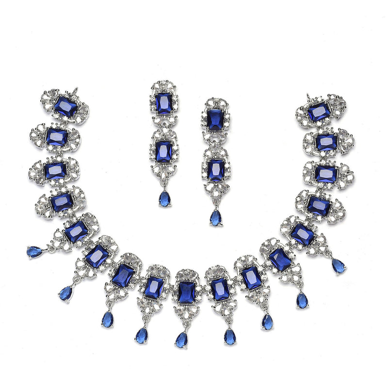 Rhodium-Plated Navy Blue American Diamonds Studded Teardrop & Cubical Necklace & Earrings Jewellery Set