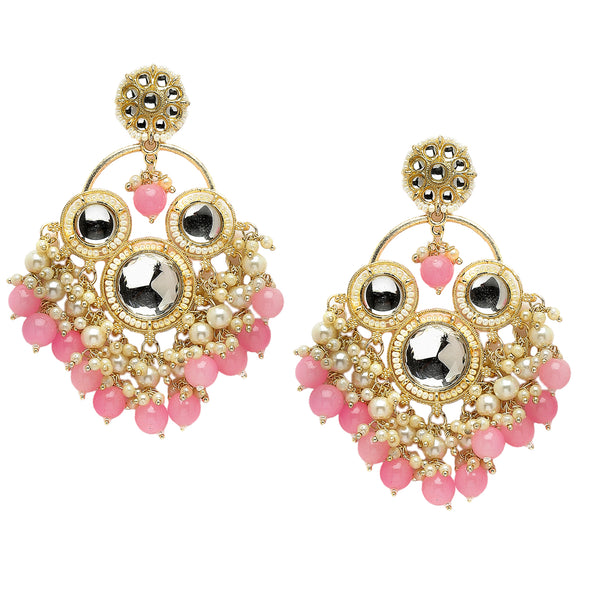 Gold-Plated Kundan & Pink Pearls studded Floral Shaped Tasselled Drop Earrings