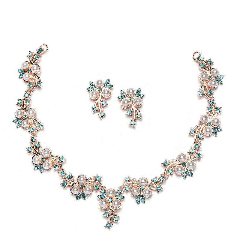 Rose Gold-Plated Blue Cubic Zirconia & White Pearls Studded Jewellery Set