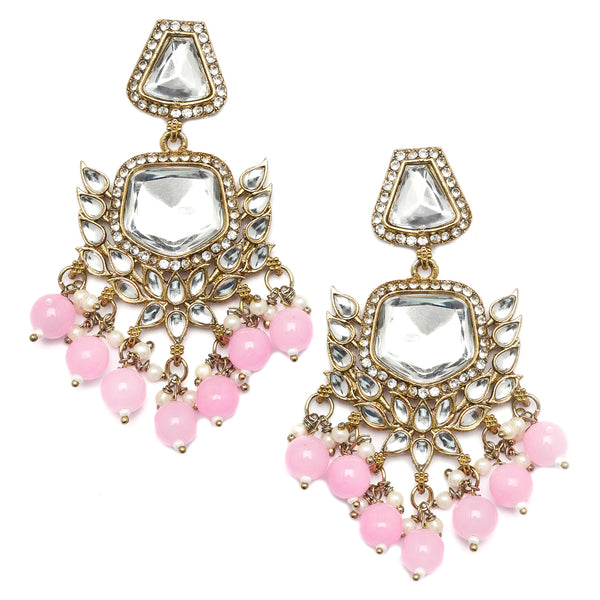 Gold-Plated Kundan & Pink Pearls studded Classic Mirror Drop Earrings