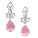 Rhodium-Plated Pink American Diamond studded Teardrop & Leaf Shaped Drop Earrings