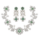 Rhodium-Plated Green Cubic Zirconia Studded Floral Theme Necklace & Earrings Jewellery Set