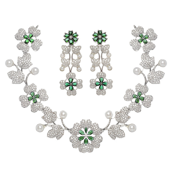 Rhodium-Plated Green Cubic Zirconia Studded Floral Theme Necklace & Earrings Jewellery Set
