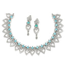 Rhodium-Plated Sky Blue American Diamond Studded Floral & Leaf Shaped Necklace with Earrings Jewellery Set