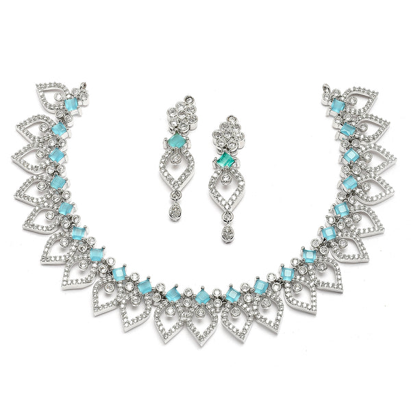 Rhodium-Plated Sky Blue American Diamond Studded Floral & Leaf Shaped Necklace with Earrings Jewellery Set