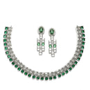 Rhodium-Plated Green Round Shape American Diamonds Studded Necklace & Earrings Jewellery Set