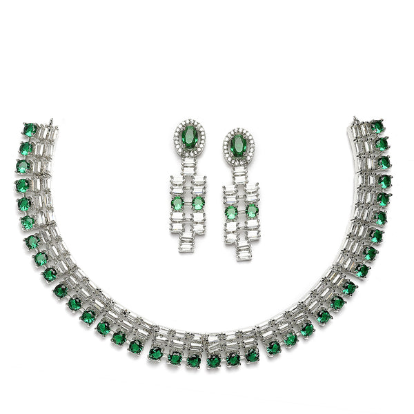 Rhodium-Plated Green Round Shape American Diamonds Studded Necklace & Earrings Jewellery Set
