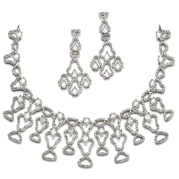 Rhodium-Plated Grey American Diamond Studded Quirky Design Necklace with Earrings Jewellery Set