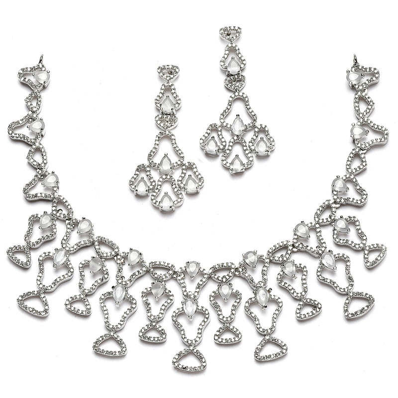 Rhodium-Plated Grey American Diamond Studded Quirky Design Necklace with Earrings Jewellery Set