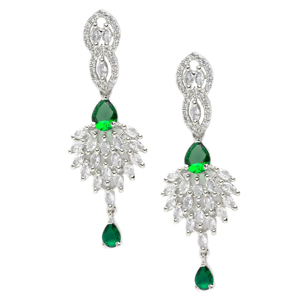Rhodium-Plated Green American Diamond studded Handcrafted Spiked Drop Earrings