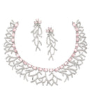 Rhodium-Plated Pink American Diamond Studded Eccentric Design Necklace & Earrings Jewellery Set