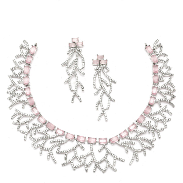 Rhodium-Plated Pink American Diamond Studded Eccentric Design Necklace & Earrings Jewellery Set