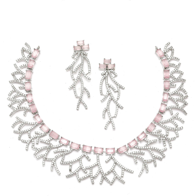 Rhodium-Plated Pink American Diamond Studded Eccentric Design Necklace & Earrings Jewellery Set
