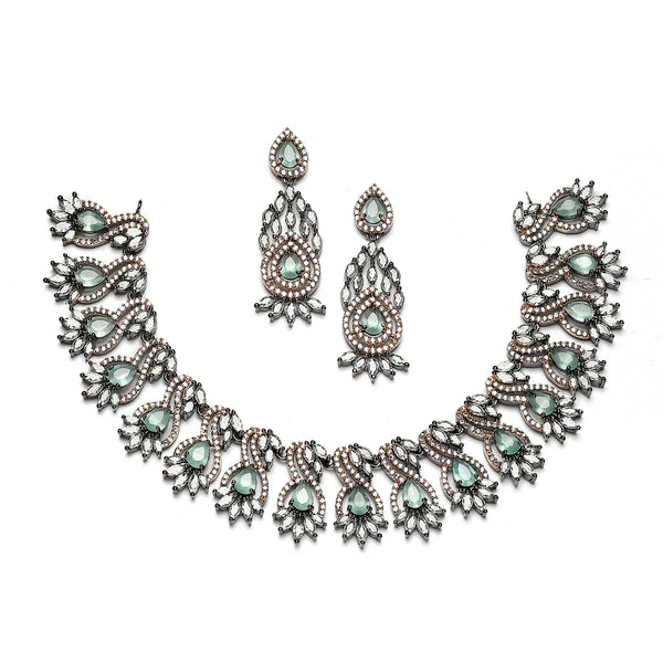 Rose Gold-Plated Gunmetal Toned Sea Green American Diamond Studded Traditional Touch Necklace & Earrings Jewellery Set