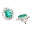 Rhodium-Plated Emerald Green & White American Diamond studded Contemporary Round Stud Earrings