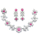 Rhodium-Plated Red Cubic Zirconia Studded Floral Theme Necklace & Earrings Jewellery Set